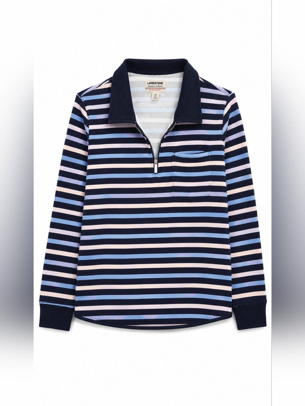Lands End Serious Sweats Striped Quarter Zip Pullover, M, Fishermancore, Coastal
